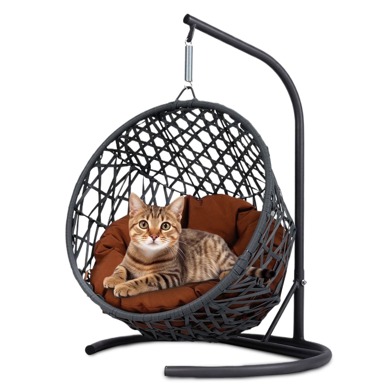 Angle. TinyHomie - Indoor Cat Swing Bed Rattan Wicker Egg Chair Brown with Stand Cushion - Brown.
