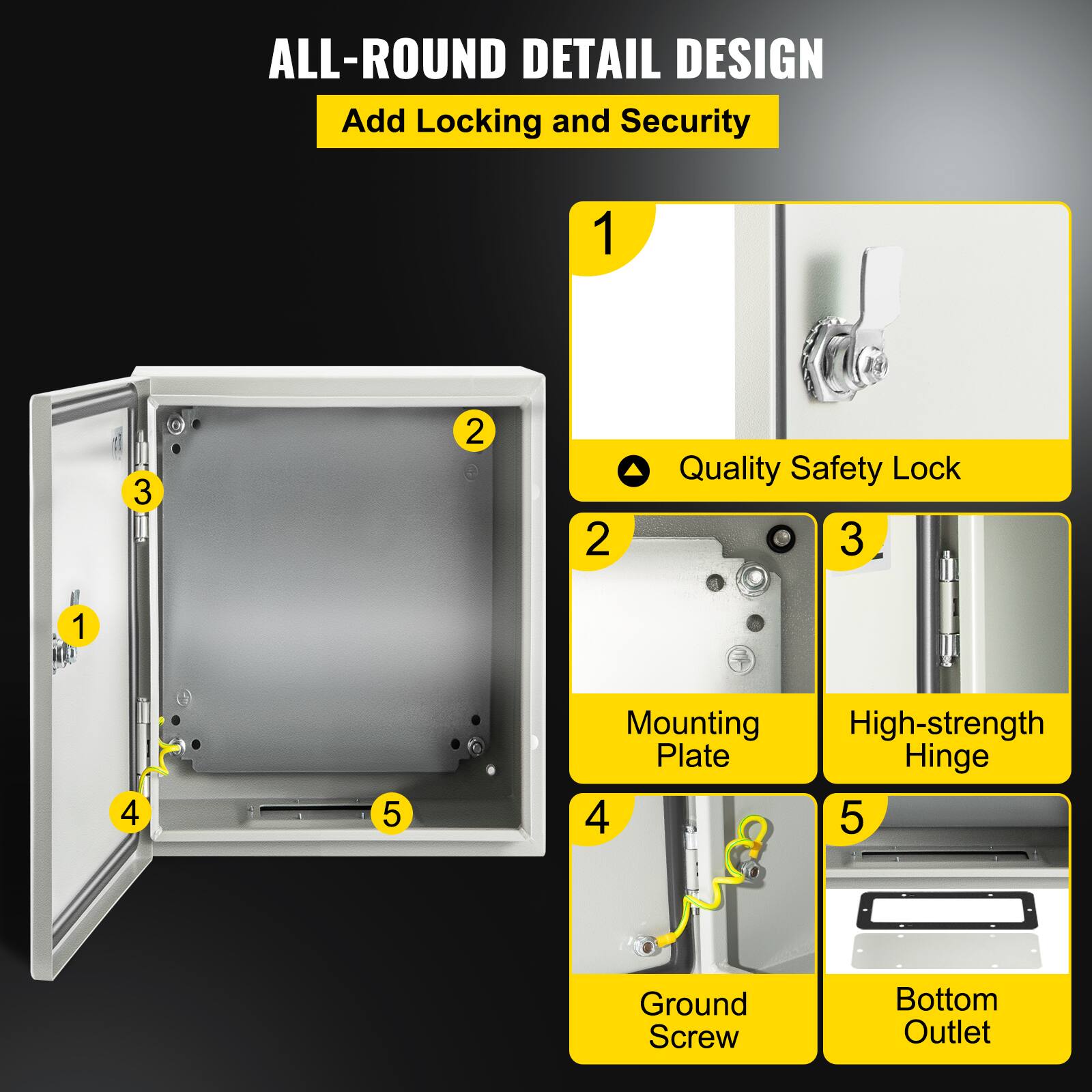 ALL-ROUND DETAIL DESIGN  
Add Locking and Security  

1. Quality Safety Lock  
2. Mounting Plate  
3. High-strength Hinge  
4. Ground Screw  
5. Bottom Outlet