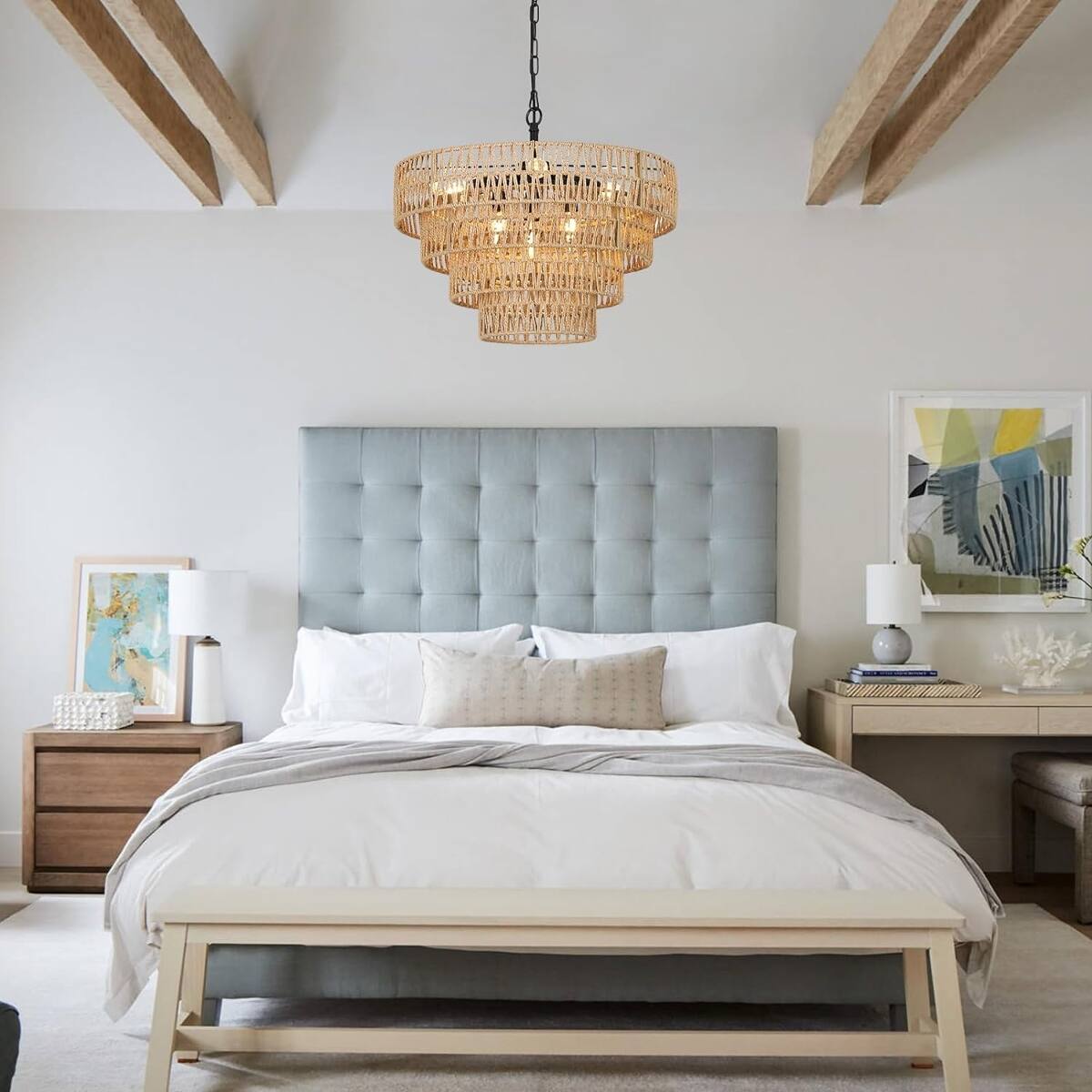 Alt View 2. Loheer - Loheer Six Light Rattan Chandelier with Four Tier Woven Shade for Dining Room.