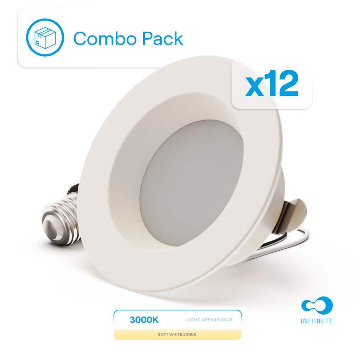 Infibrite - 4 In. Retrofit 3000K Warm Integrated LED Recessed Light Kit 9W 750LM Remodel, Dimmable, Wet Rated (12 Pack) - White