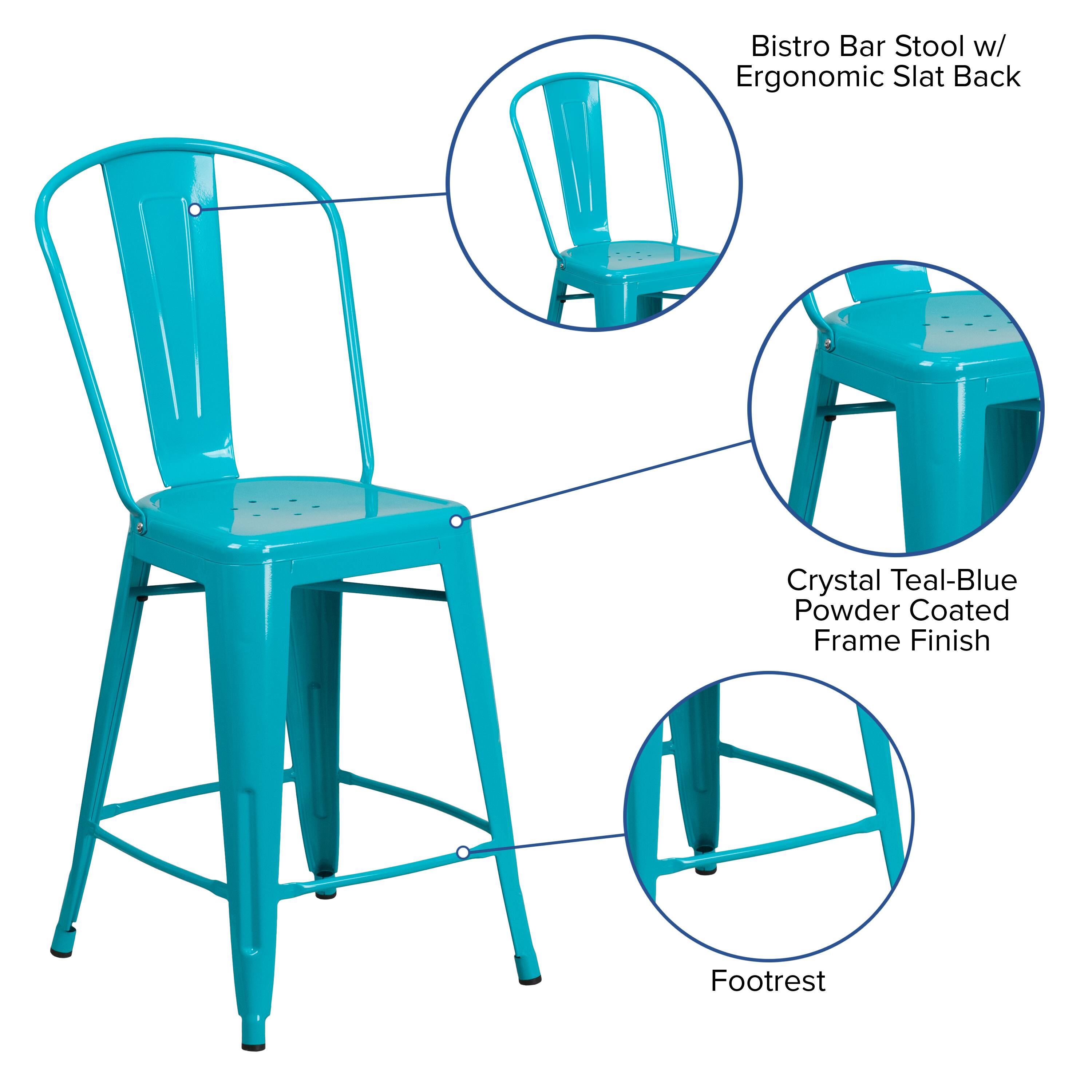 Bistro Bar Stool w/ Ergonomic Slat Back  
Crystal Teal-Blue Powder Coated Frame Finish  
Footrest