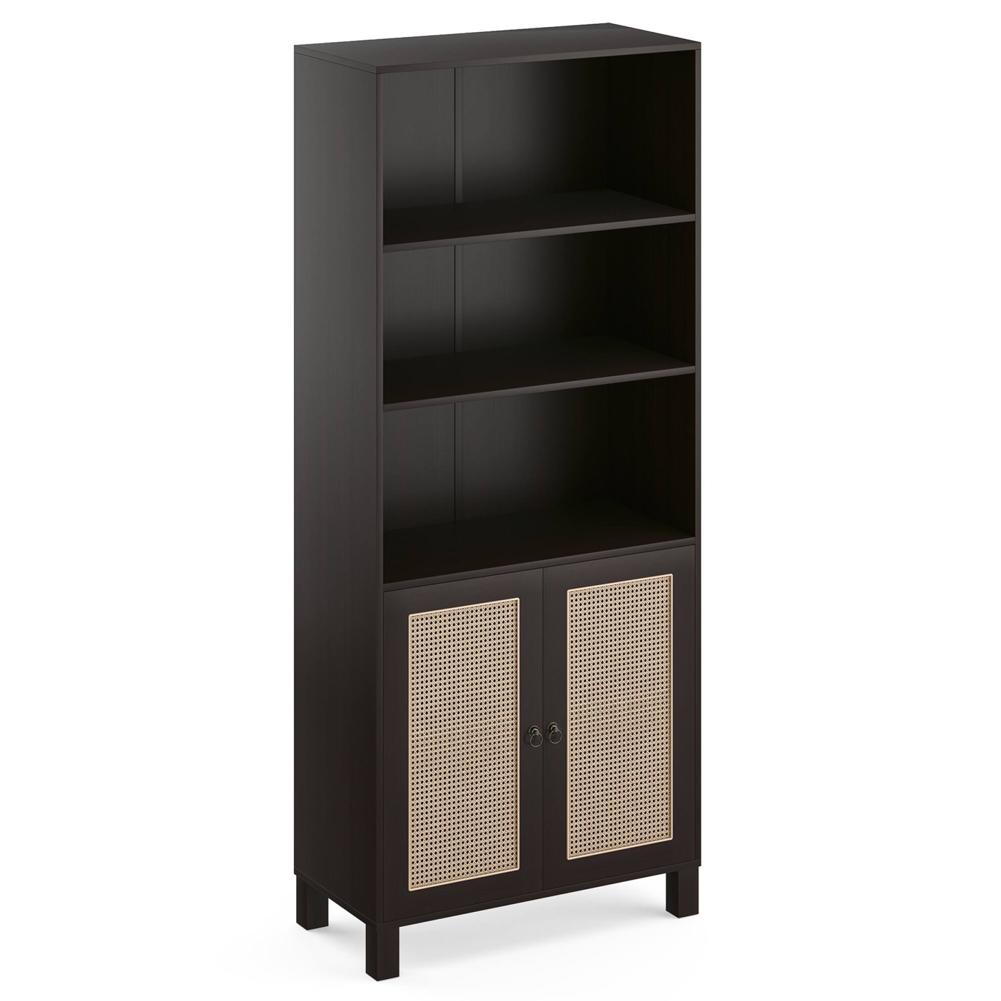 Angle. GOODSILO - Five-Tier Tall Bookcase with Decorative Rattan Doors for Living Room Bedroom or Home Office Storage - Walnut.