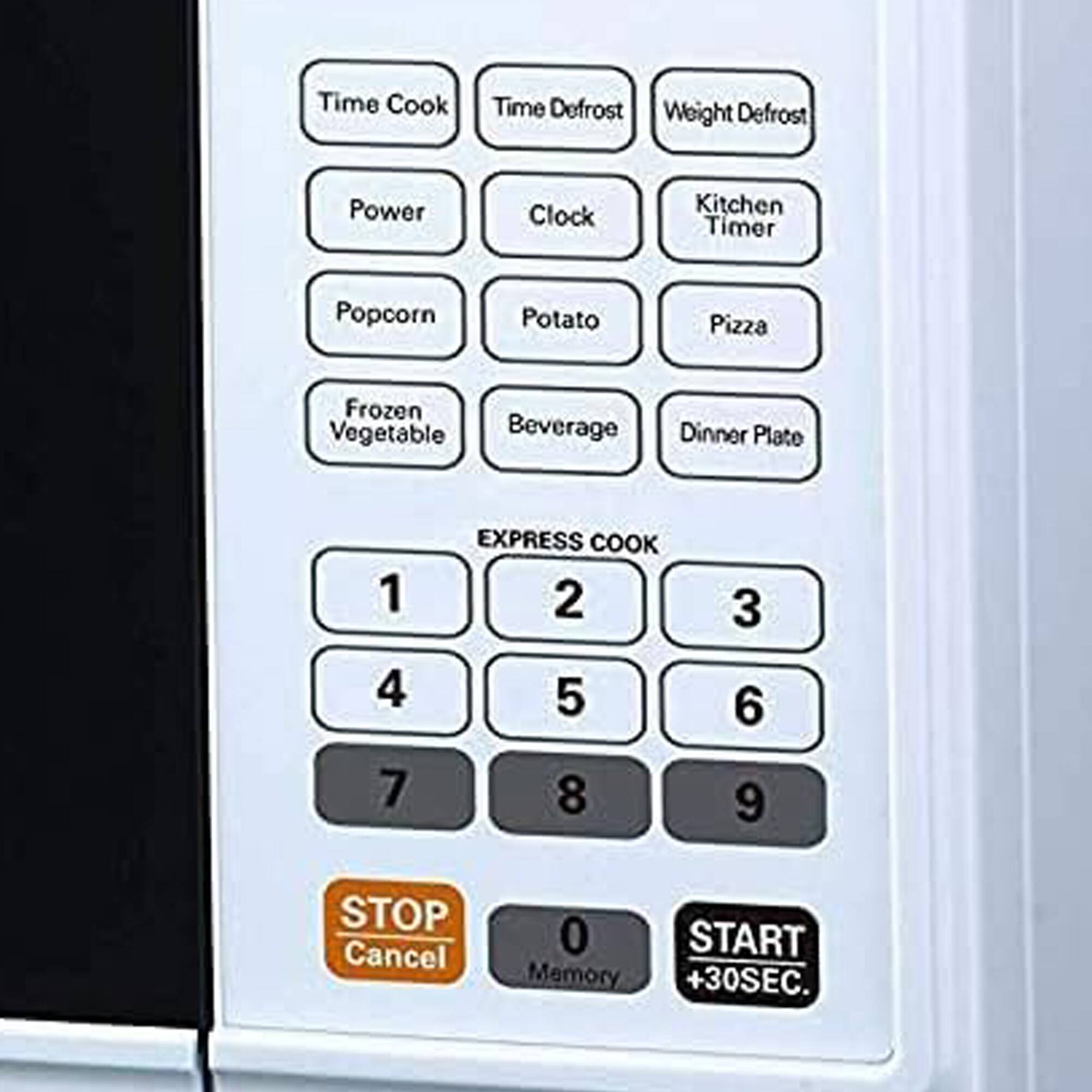 - Time Cook
- Time Defrost
- Weight Defrost
- Power
- Clock
- Kitchen Timer
- Popcorn
- Potato
- Pizza
- Frozen Vegetable
- Beverage
- Dinner Plate

EXPRESS COOK
1 2 3
4 5 6
7 8 9

0 Memory

STOP Cancel

START +30SEC.