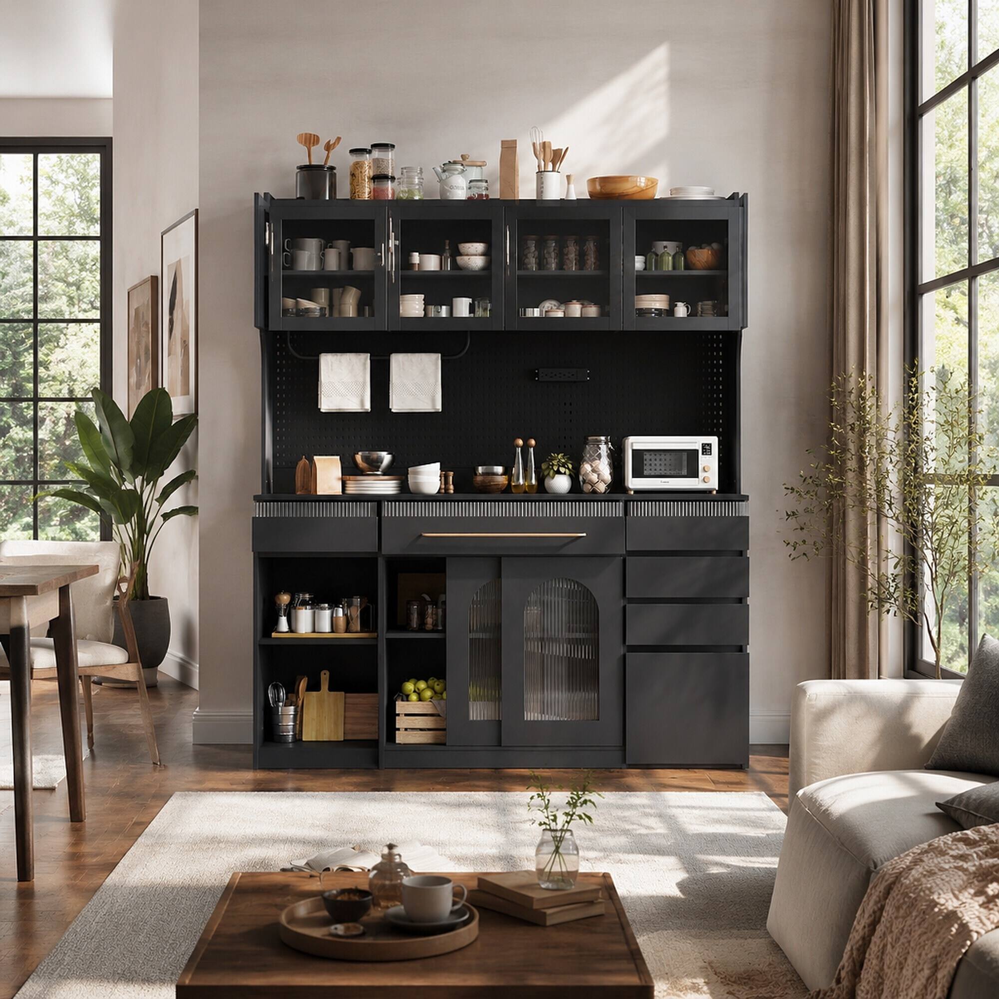 Back. RYHNUYNE - Freestanding 63 Inch Buffet with Hutch, Coffee Bar Storage Cabinet with 6 Drawers and Power Outlet, Black - Black.