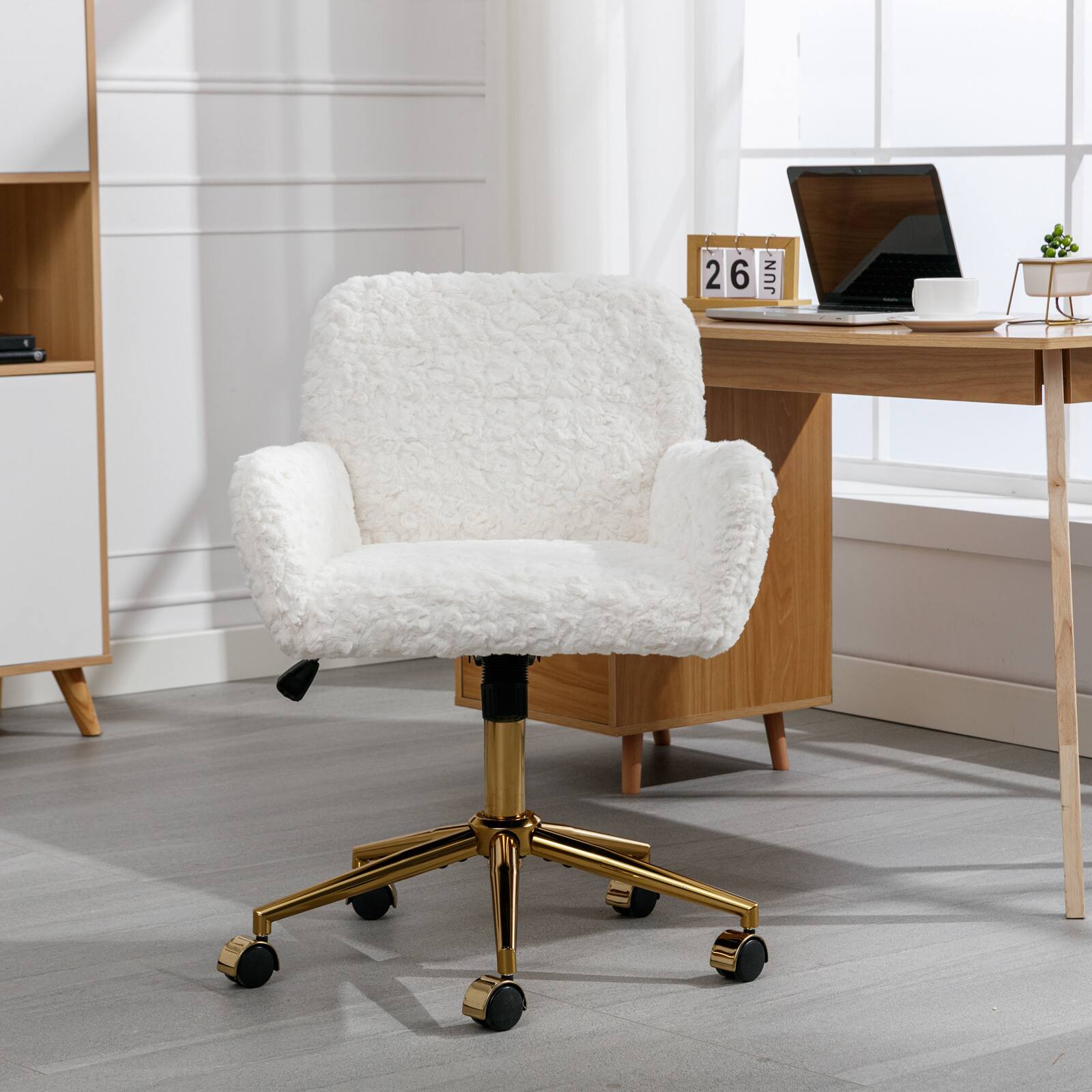 Angle. Z-Edge - Modern Home Office Desk Chair with Golden Metal Base, Adjustable Height, 360 Degree Swivel, Smooth-Rolling Wheels - White.