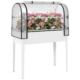 PULUZ - Raised Garden Bed with Flip-Up Greenhouse Cover, Metal Elevated Garden Bed with Legs and Drainage Hole - White