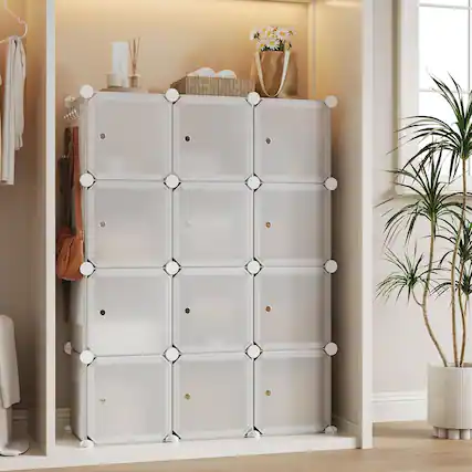 Front. Homhougo - Space-Saving Modular Shoe Storage Cabinet – 12-Cube Stackable Organizer with Doors, Plastic Shelves, Easy Assembly, - White.