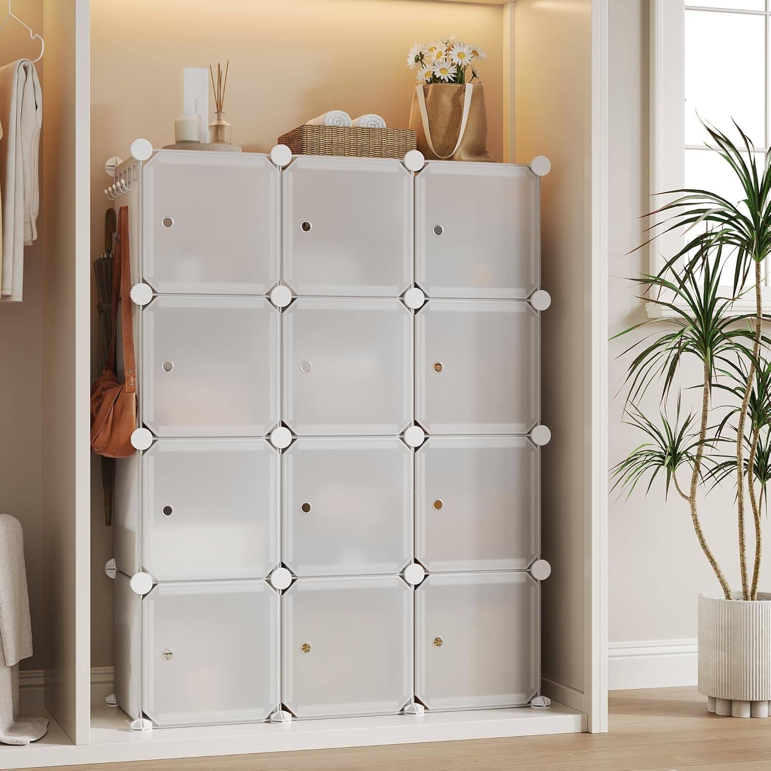 Front. Homhougo - Space-Saving Modular Shoe Storage Cabinet – 12-Cube Stackable Organizer with Doors, Plastic Shelves, Easy Assembly, - White.