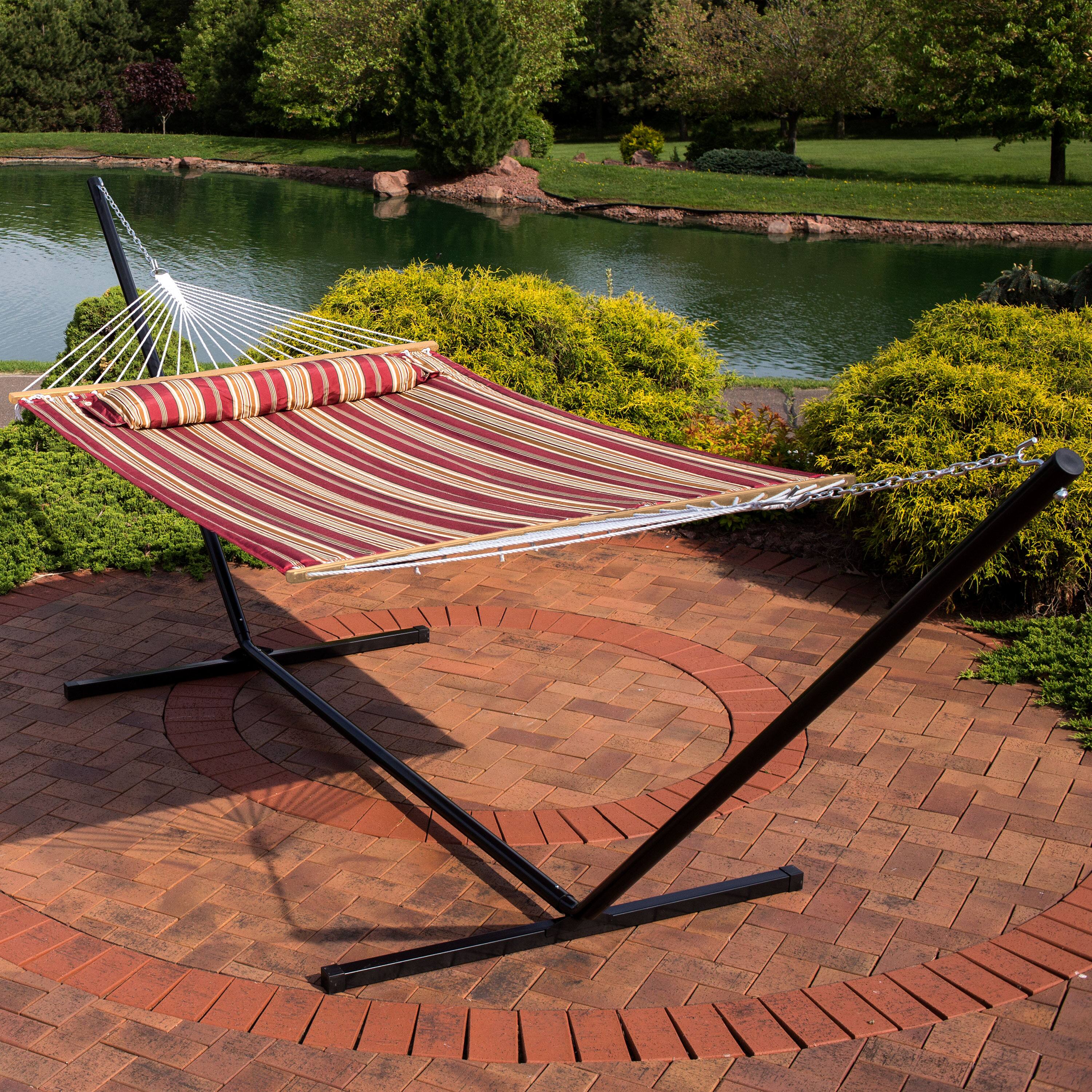 Alt View 4. Sunnydaze - 2-Person Quilted Fabric Hammock with 15' Stand and Pillow - Red Stripe.