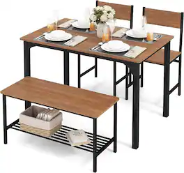 Gymax - 4pcs Dining Table Set Rustic Desk 2 Chairs & Bench w/ Storage Rack - Brown