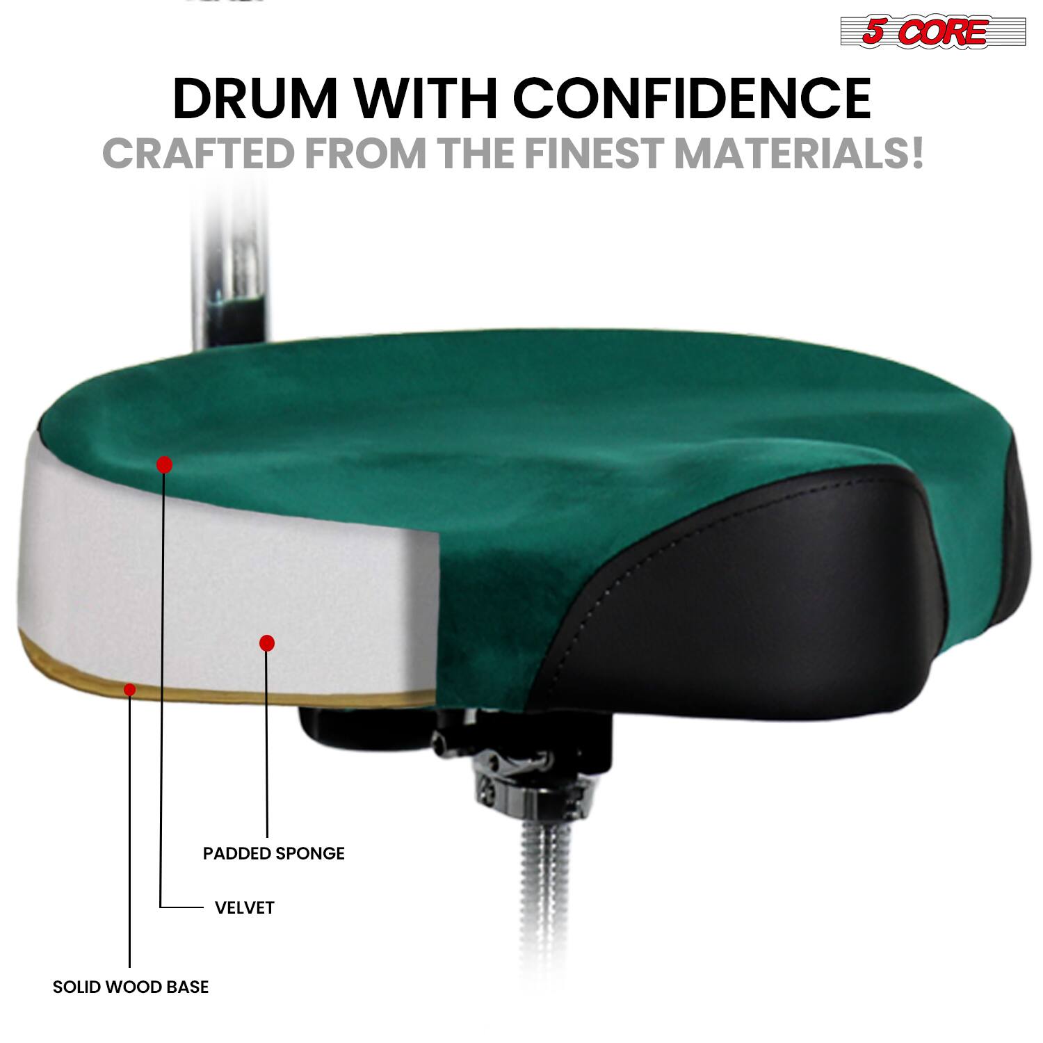 5 CORE DRUM WITH CONFIDENCE CRAFTED FROM THE FINEST MATERIALS!  
2a PADDED SPONGE VELVET SOLID WOOD BASE