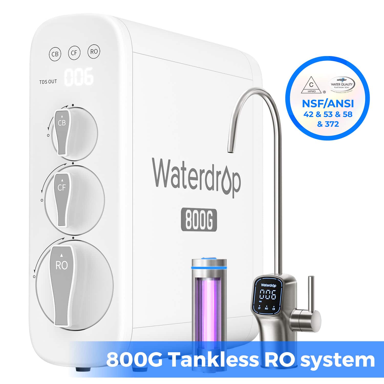 Waterdrop - WD-G3P800 Reverse Osmosis System, 800 GPD Fast Flow, NSF/ANSI 42 & 53 & 58 & 372 Certified, 3:1 Pure to Drain - White