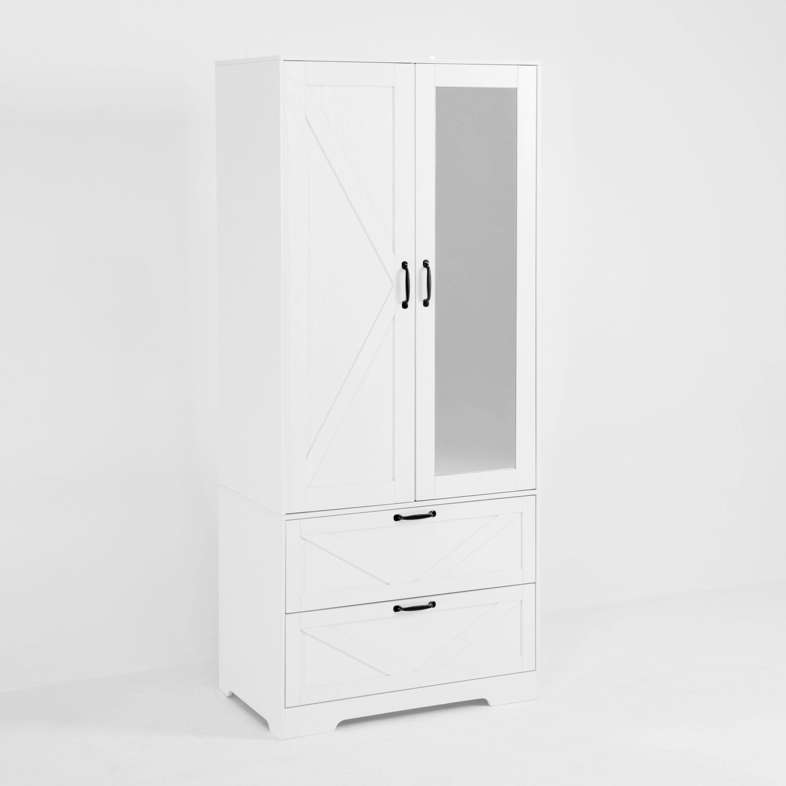 Alt View 4. Z-Edge - Wooden Armoire Wardrobe with Mirror and 2 Drawers, 2 Doors, 71.7" Tall Freestanding Clothing Storage Cabinet for Bedroom - White.