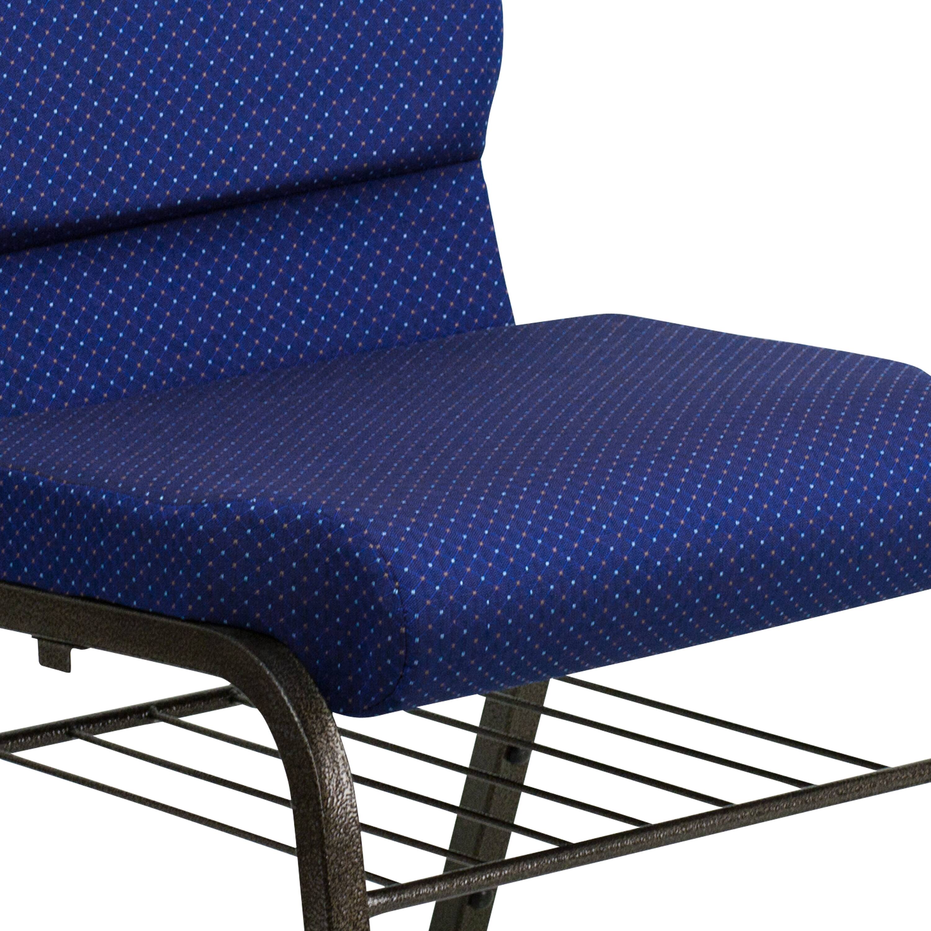 Alt View 9. Emma + Oliver - Auditorium Chair - 19" Seat - Book Rack - Navy Blue Patterned Fabric/Gold Vein Frame.