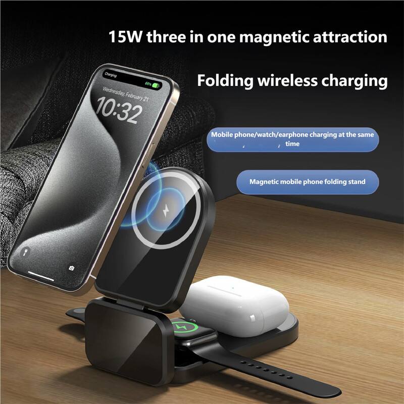 15W three in one magnetic attraction  
Folding wireless charging  

Mobile phone/watch/earphone charging at the same time  
Magnetic mobile phone folding stand