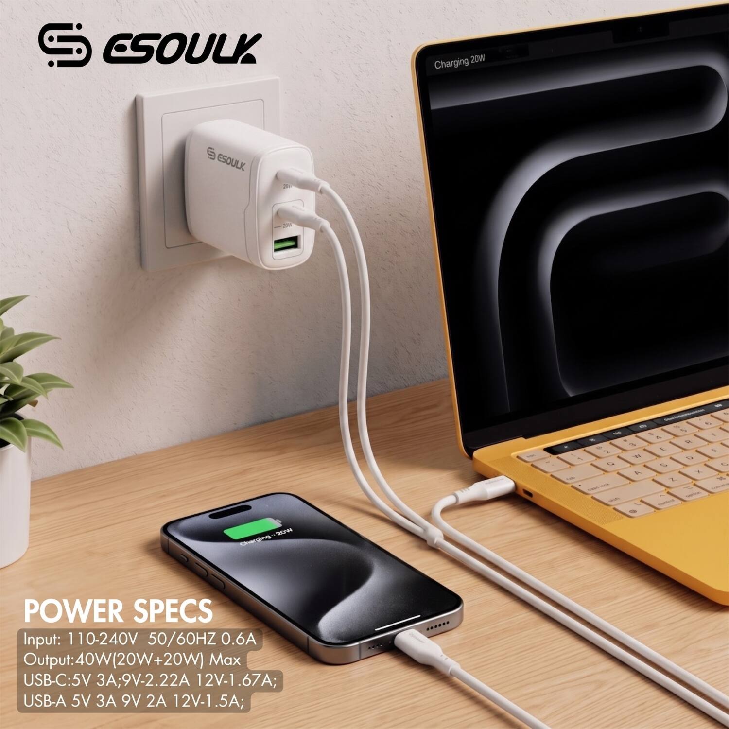 ESOULK Charging 20W

POWER SPECS
Input: 110-240V 50/60HZ 0.6A
Output: 40W (20W+20W) Max
USB-C: 5V 3A; 9V-2.22A 12V-1.67A
USB-A: 5V 3A 9V 2A 12V-1.5A