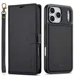 Dteck - For Apple iPhone 17 Pro Max Premium PU Leather Detachable Folio Card Slots Wallet Phone Case With Wrist Strap - Black