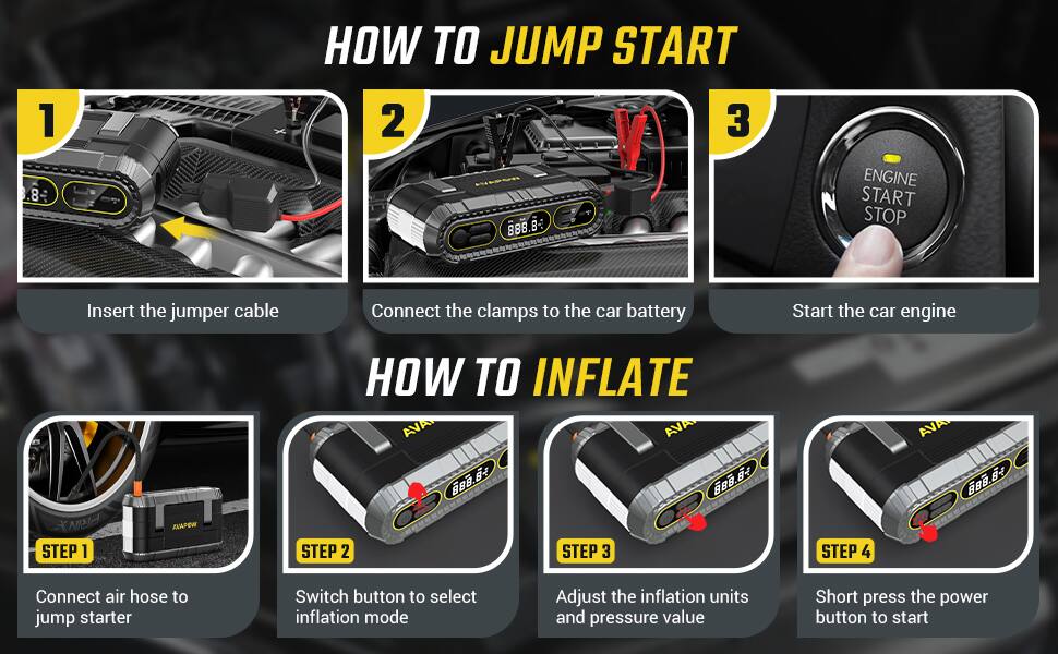 1. HOW TO JUMP START
   - Insert the jumper cable
   - Connect the clamps to the car battery
   - Start the car engine

2. HOW TO INFLATE
   - STEP 1: Connect air hose to jump starter
   - STEP 2: Switch button to select inflation mode
   - STEP 3: Adjust the inflation units and pressure value
   - STEP 4: Short press the power button to start