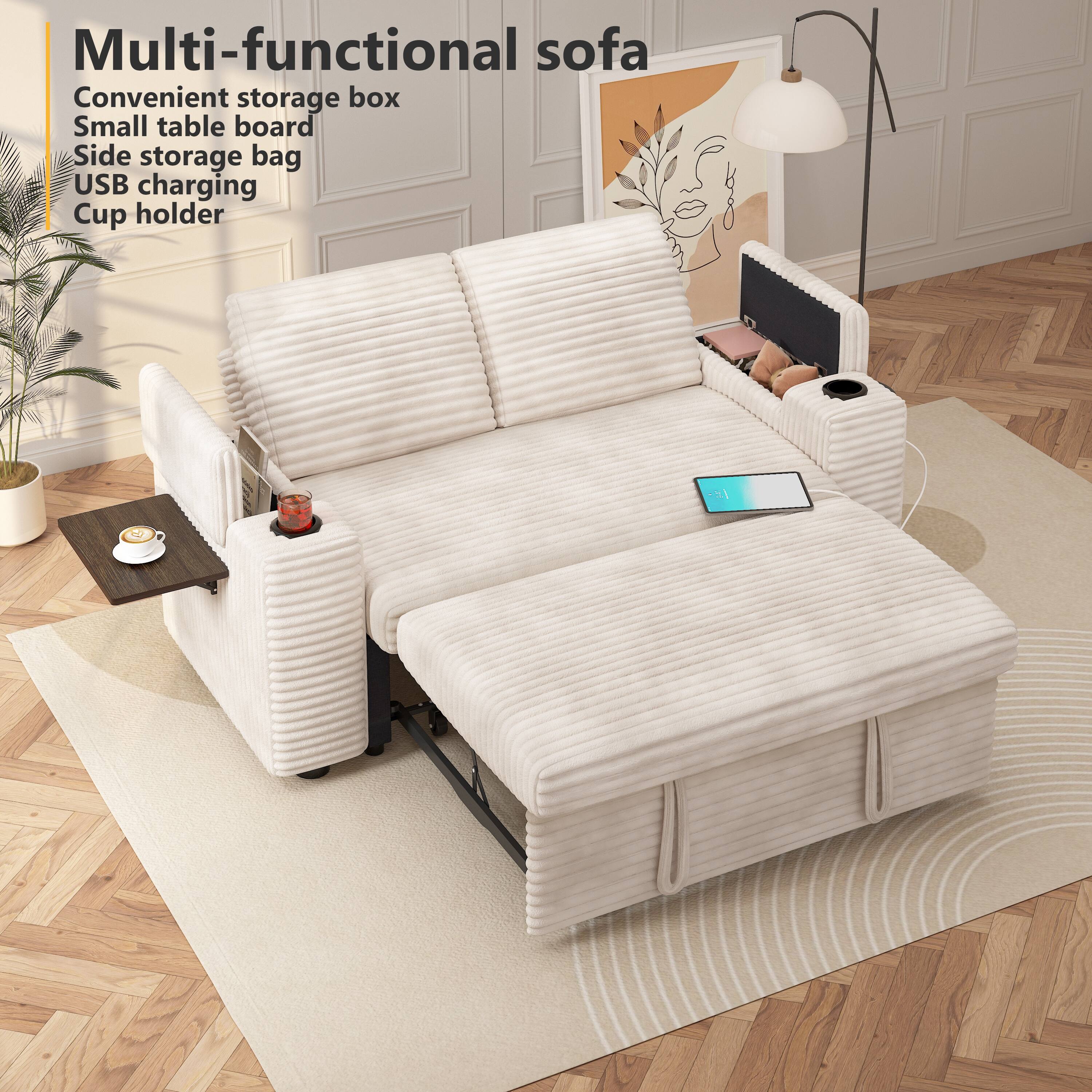 Multi-functional sofa  
Convenient storage box  
Small table board  
Side storage bag  
USB charging  
Cup holder