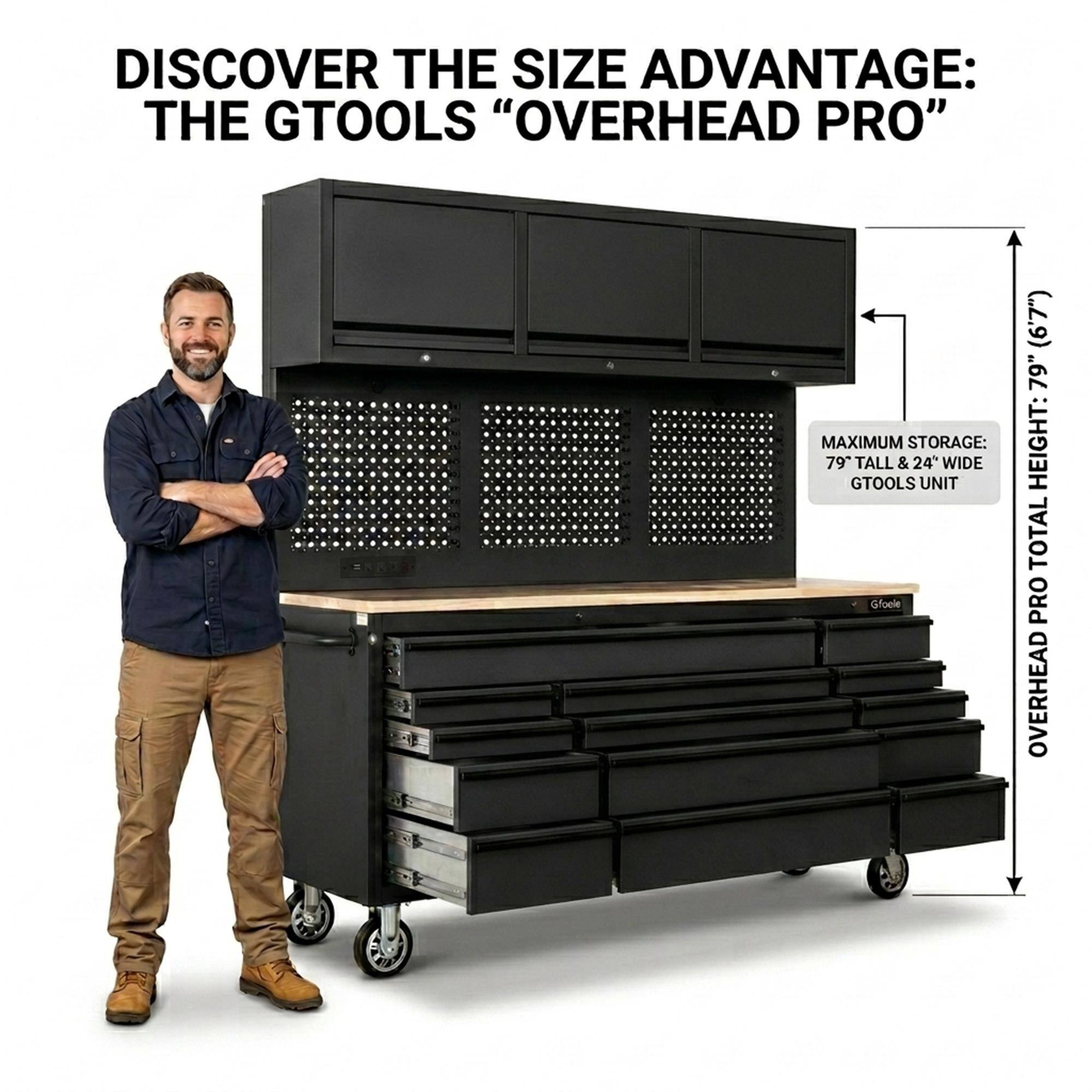 DISCOVER THE SIZE ADVANTAGE: THE GTOOLS "OVERHEAD PRO"  
MAXIMUM STORAGE: 79" TALL & 24" WIDE  
GTOOLS UNIT  
OVERHEAD PRO TOTAL HEIGHT: 79" (6'7")