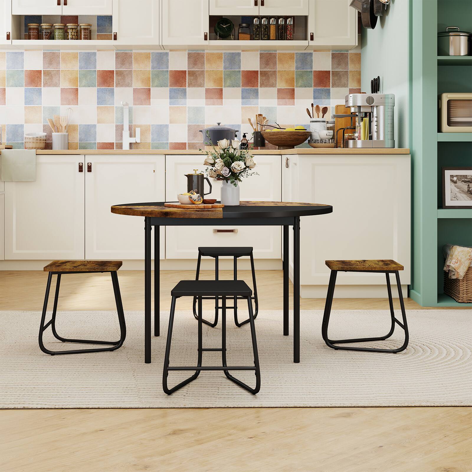 Alt View 1. Gymax - Gymax 5PCS Dining Set for 4 47'' Round  Kitchen Table & 4 Stools w/ Wooden Tabletop - Brown.