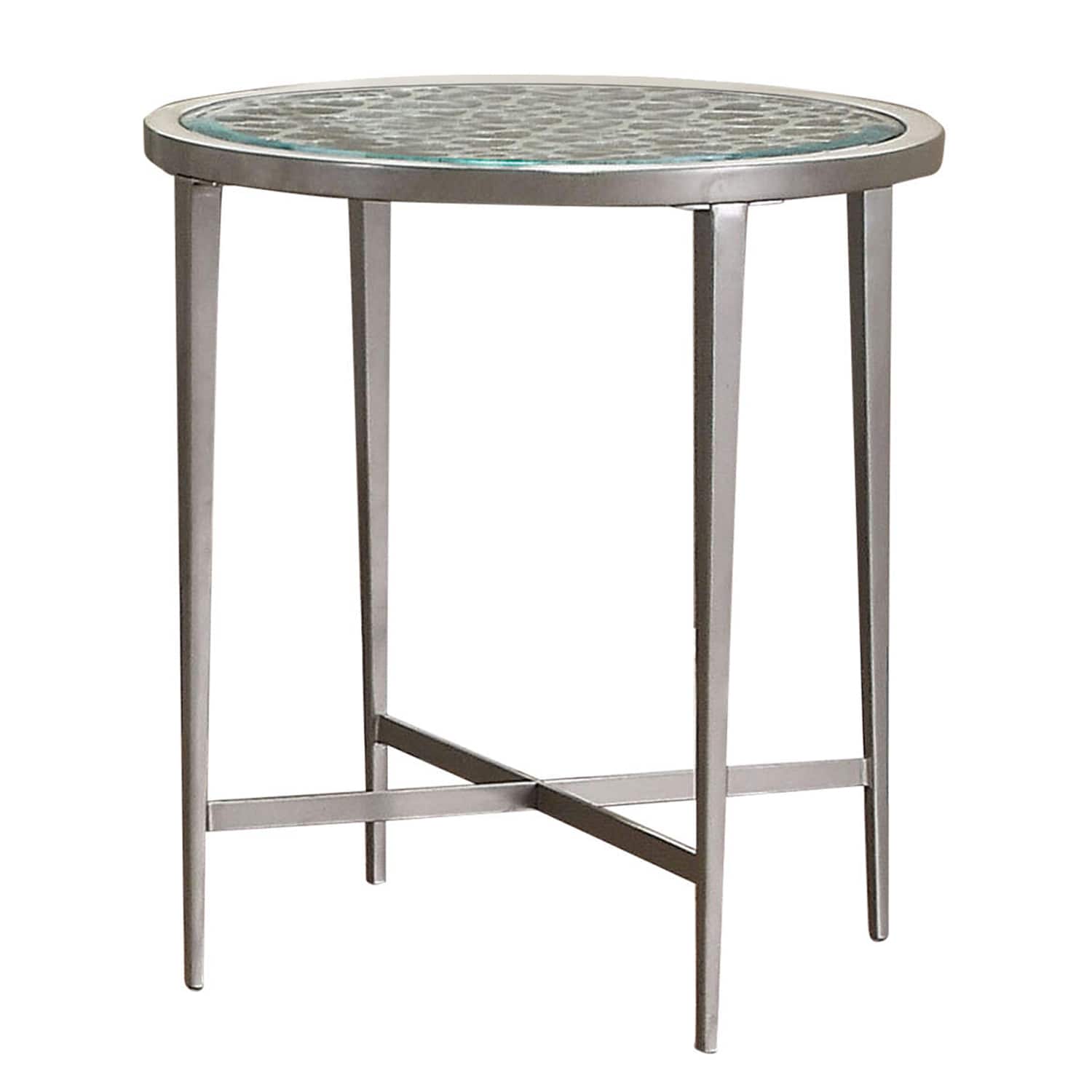 Manhattan Lane - Round Glass Top Metal End Table with Sleek Tapered Legs - Silver
