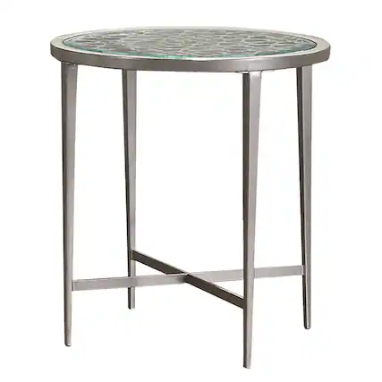 Front. Manhattan Lane - Round Glass Top Metal End Table with Sleek Tapered Legs - Silver.