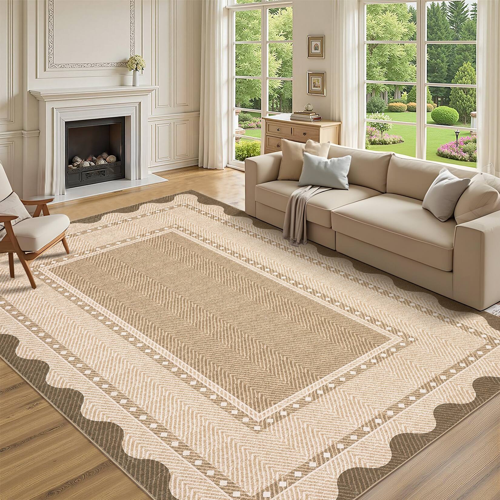 Angle. Acekool - Textured Border Area Rug Minimalist Framed Design Ultra Thin Low-Pile Machine Washable Non Slip Rug for Living Spaces - Brown.