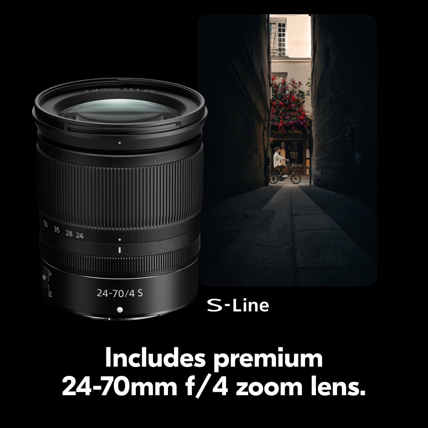 A full-frame (FIRAL) P S0 35 28 24 o 24-70/4 S S-Line includes a premium 24-70mm f/4 zoom lens.