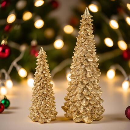 Front. RTMB - 2-Pc 9.5" Gold Resin Christmas Tree Statues with Glitter Finish - Gold.