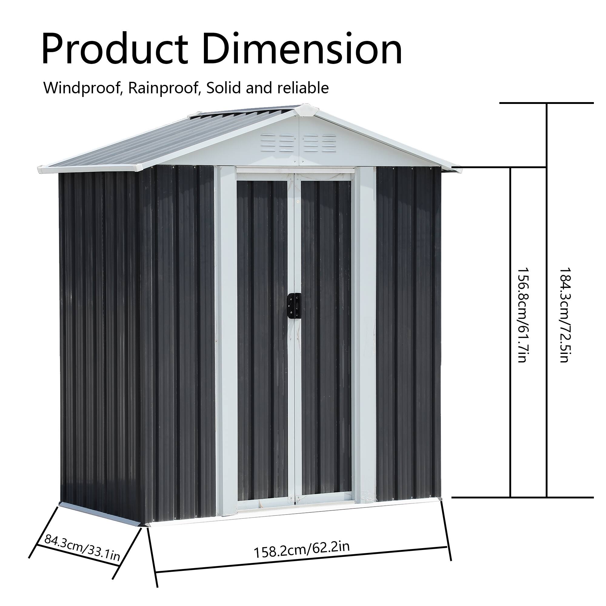 Angle. TinyHomie - 5 x 3FT Grey Sliding Door Garden Shed for Outdoors Storage Apex Roof Design.