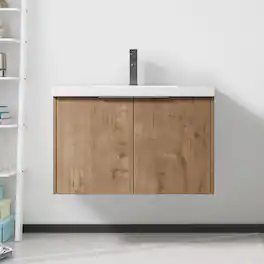 Loheer - 30 Inch Floating Bathroom Vanity with Resin Sink, Wall Mounted Cabinet - Imitative Oak