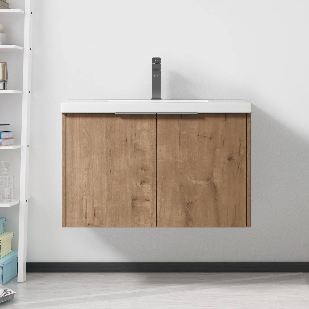 Front. Loheer - Loheer 30 Inch Floating Bathroom Vanity with Resin Sink, Imitative Oak Wall Mounted Cabinet - Imitative Oak.