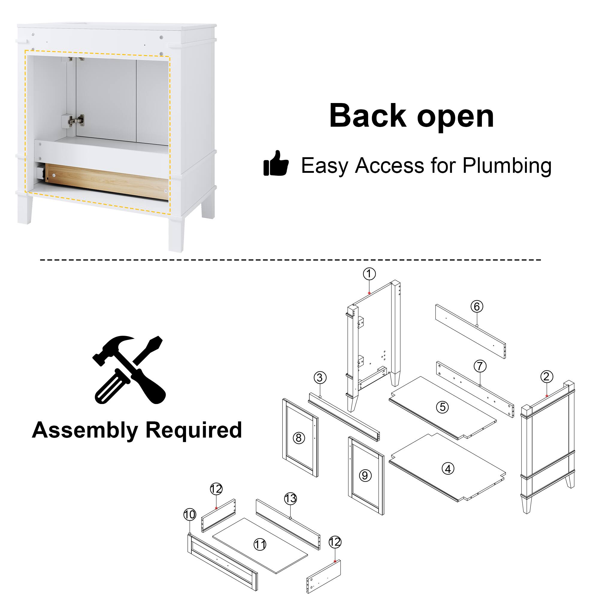 Back open  
Easy Access for Plumbing  

Assembly Required