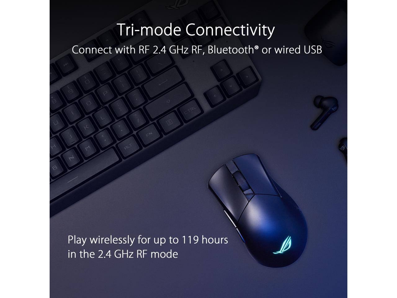 Tri-mode Connectivity  
Connect with RF 2.4 GHz RF, Bluetooth® or wired USB  

Play wirelessly for up to 119 hours in the 2.4 GHz RF mode