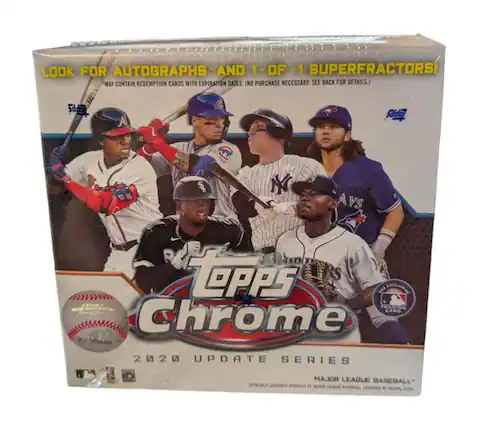 Sure, here is the corrected and grouped text from the image:
---
**Topps Chrome**
**2020 Update Series**
**MAJOR LEAGUE BASEBALL**
*OFFICIALLY LICENSED PRODUCT OF MAJOR LEAGUE BASEBALL*
**LOOK FOR AUTOGRAPHS AND 1-OF-1 SUPERFRAGORS!**
*May contain redemption cards with expiration dates. (No purchase necessary. See back for details.)*
**BCF7099468**
**Topps**
*The Trading Card Company*
---
This text is organized to reflect the information as it appears on the packaging.