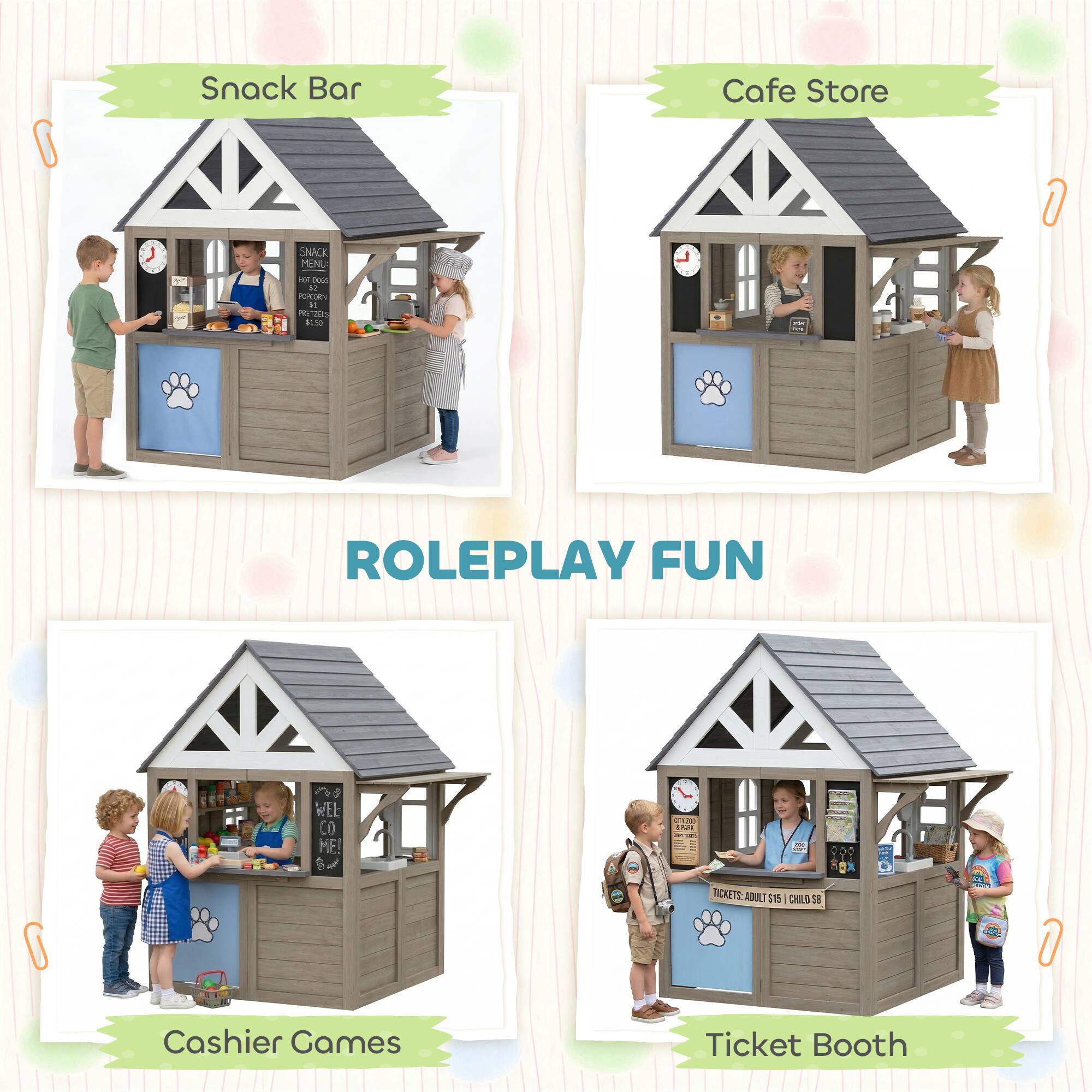 Snack Bar Cafe Store - SNACK MENU - POPCORN $1.00 ROLEPLAY FUN  
WELCOME!  
TICKETS - ADULT $5.00 | CHILD $3.00  
Cashier Games Ticket Booth