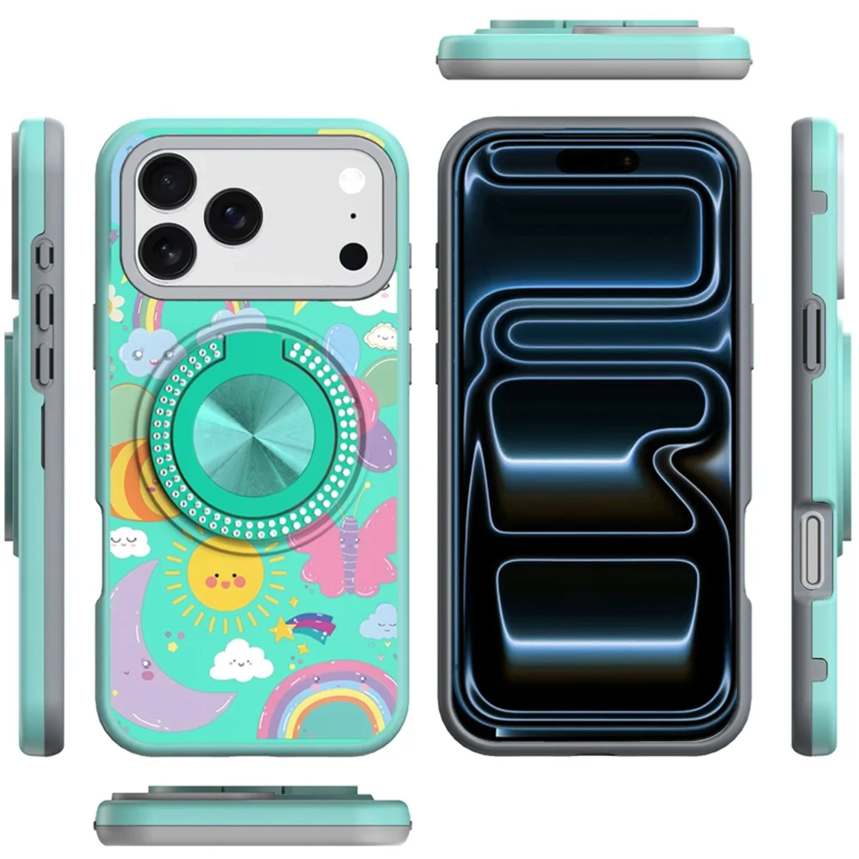 Left. Kitcheniva - Luxury Printed Case With Tempered Glass For iPhone 17 Pro Max Aqua With Celestial Sun Rainbows - Multicolor.