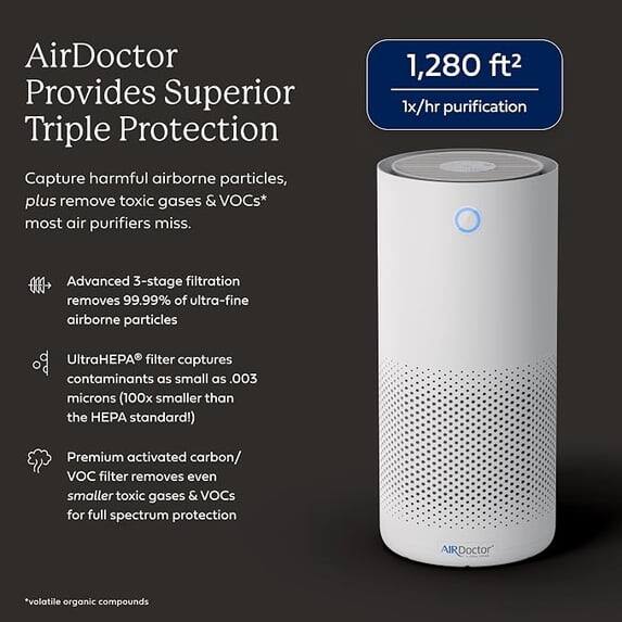 AirDoctor Provides Superior Triple Protection

Capture harmful airborne particles, plus remove toxic gases & VOCs* most air purifiers miss.

1,280 ft² 1x/hr purification

Advanced 3-stage filtration removes 99.99% of ultra-fine airborne particles

UltraHEPA filter captures contaminants as small as .003 microns (100x smaller than the HEPA standard!)

Premium activated carbon/ VOC filter removes even smaller toxic gases & VOCs for full spectrum protection

AIRDOCTOR

*volatile organic compounds
