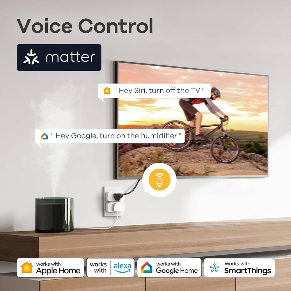 Voice Control  
matter

"Hey Siri, turn off the TV"  
"Hey Google, turn on the humidifier"

works with Apple Home  
works with Alexa  
works with Google Home  
Works with SmartThings