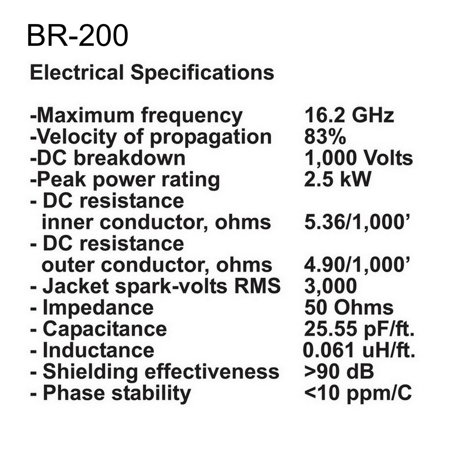 BR-200  
Electrical Specifications  

- Maximum frequency: 16.2 GHz  
- Velocity of propagation: 83%  
- DC breakdown: 1,000 Volts  
- Peak power rating: 2.5 kW  
- DC resistance inner conductor, ohms: 5.36/1,000'  
- DC resistance outer conductor, ohms: 4.90/1,000'  
- Jacket spark-volts RMS: 3,000  
- Impedance: 50 Ohms  
- Capacitance: 25.55 pF/ft.  
- Inductance: 0.061 uH/ft.  
- Shielding effectiveness: >90 dB  
- Phase stability: <10 ppm/C