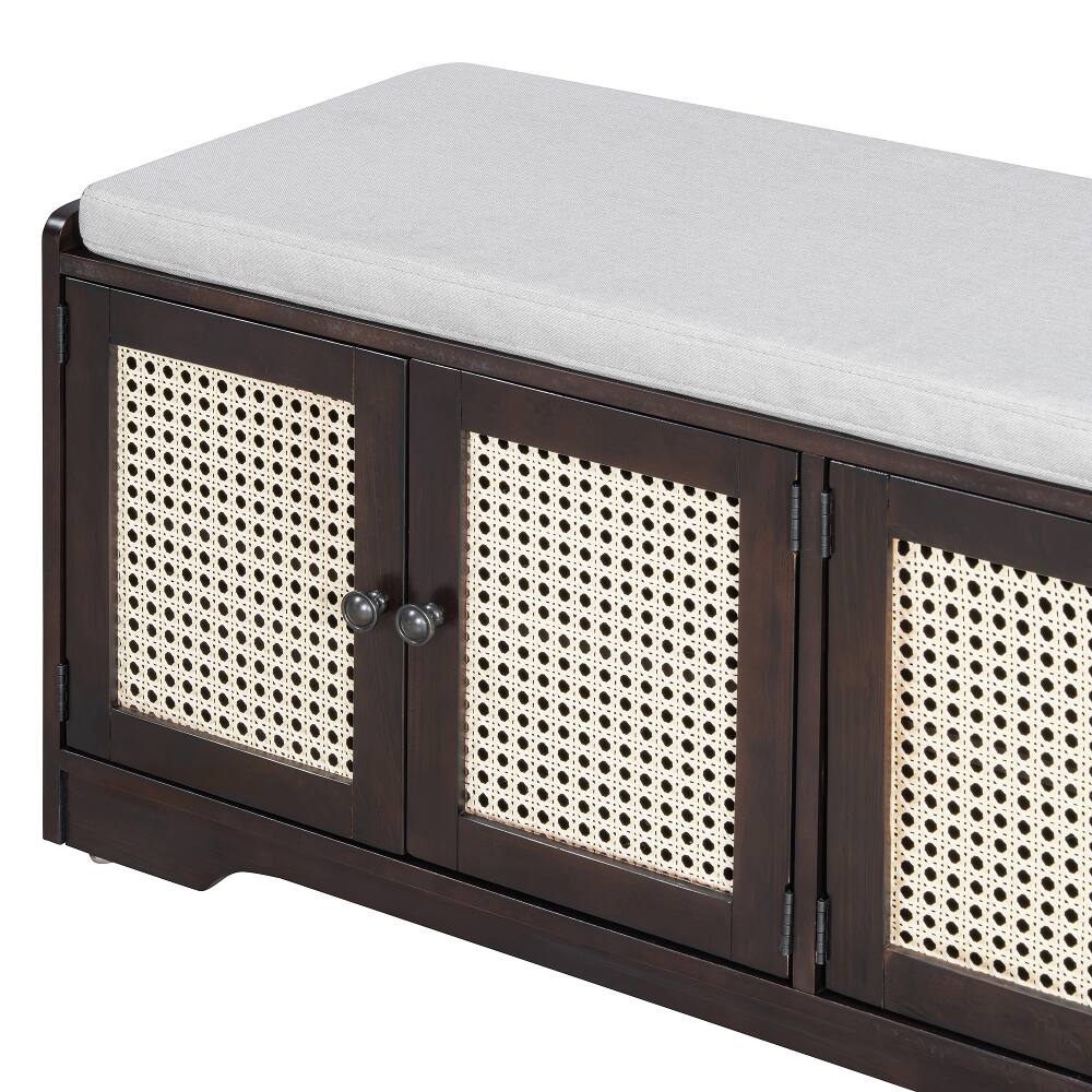 Alt View 1. Ropilly - Ropilly Rustic Wood Entryway Storage Bench with Rattan Doors Removable Cushion Adjustable Shelves Espresso - Espresso.