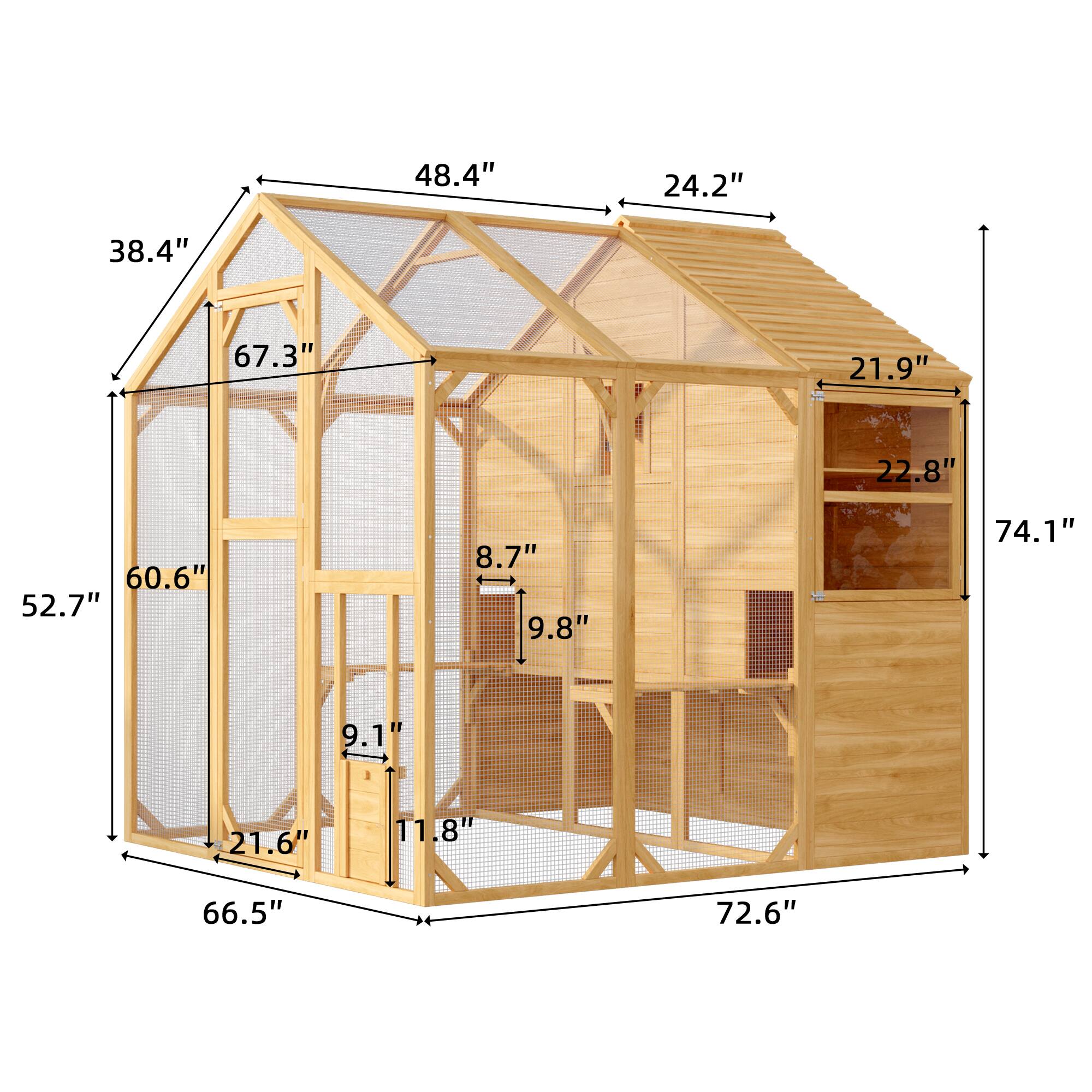 Here are the measurements grouped and corrected from the image:

- **Width:** 72.6"
- **Depth:** 66.5"
- **Height:** 74.1"
- **Roof Height:** 48.4"
- **Roof Overhang:** 24.2"
- **Front Height:** 67.3"
- **Front Width:** 38.4"
- **Side Height:** 60.6"
- **Side Width:** 52.7"
- **Interior Height:** 21.9"
- **Interior Width:** 22.8"
- **Interior Shelf Height:** 8.7"
- **Interior Shelf Width:** 9.8"
- **Interior Door Height:** 9.1"
- **Interior Door Width:** 11.8"
- **Interior Floor Height:** 21.6"