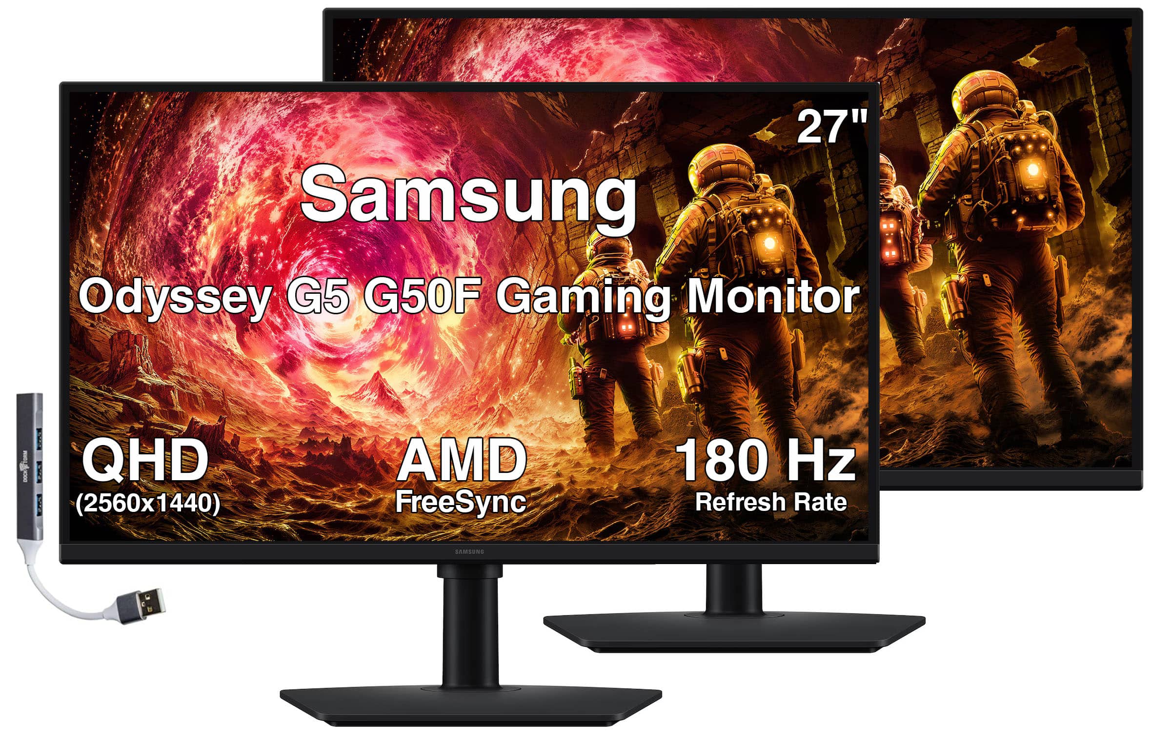 Samsung - Odyssey G5 G50F 27” QHD Gaming Monitor with 1ms Response Time, Flicker Free, (LS27FG502ENXZA) 2 Pack w/DKZ Hub - Black