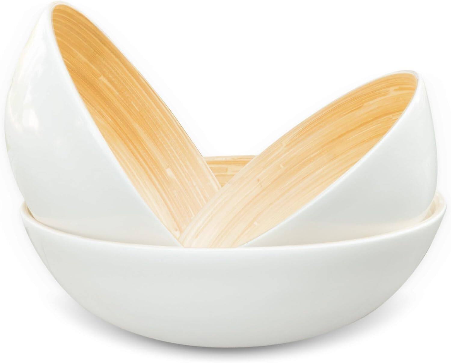 Left. Lexa - Bamboo 3-Piece Bowl Set, 12, 10, 8 Inch, White - White.