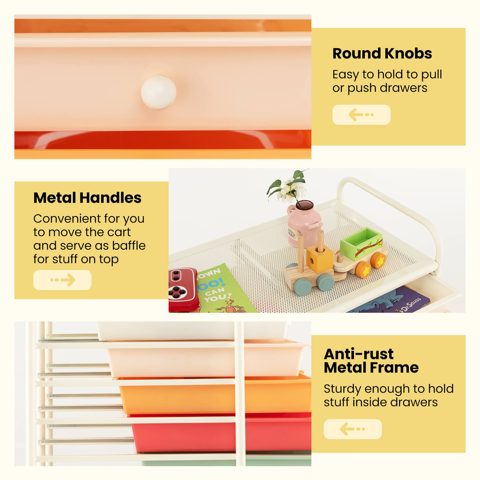 - **Round Knobs**
  - Easy to hold to pull or push drawers

- **Metal Handles**
  - Convenient for you to move the cart and serve as baffle for stuff on top

- **Anti-rust Metal Frame**
  - Sturdy enough to hold stuff inside drawers