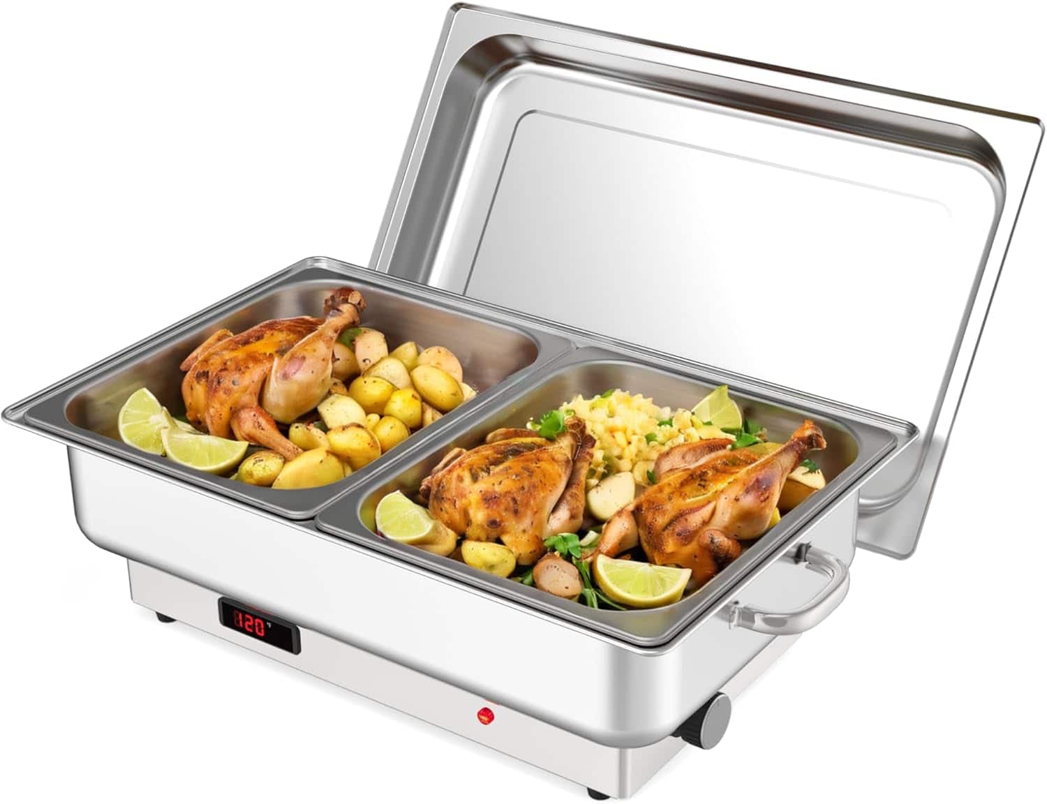 GARVEE - Electric Chef Chafing Dish Buffet Set 2 x 4.5 QT Buffet Servers and Warmers Digital Display Temperature Warming Tray - Silver