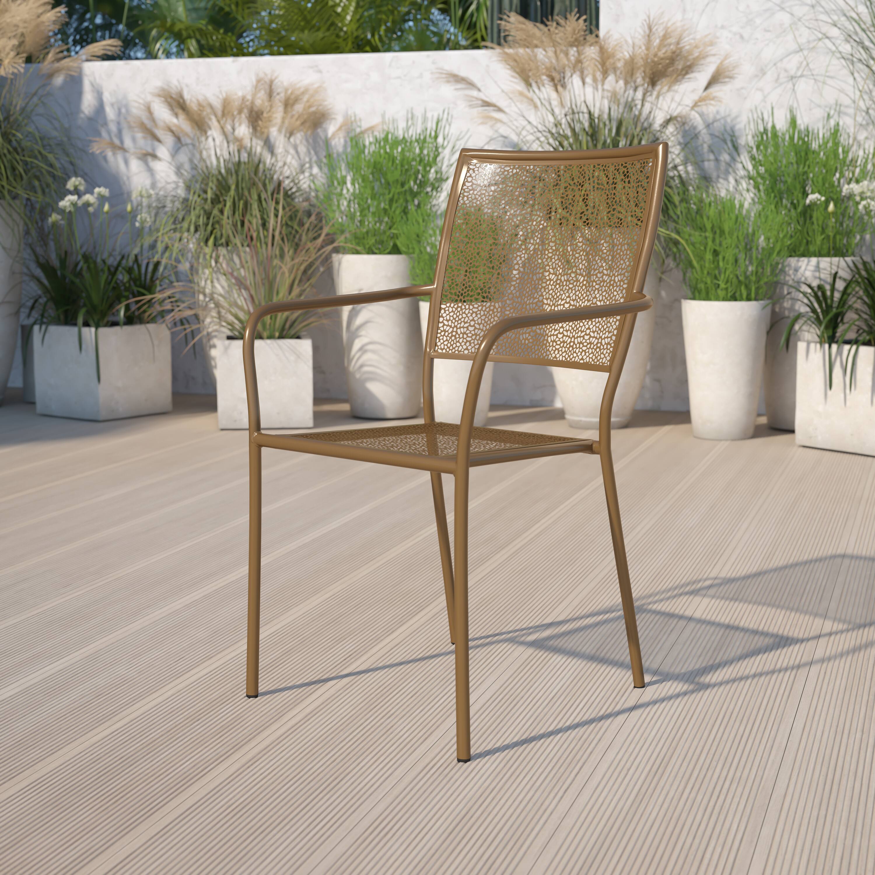 Alt View 1. Emma + Oliver - Commercial Grade Colorful Metal Patio Arm Chair with Square Back - Gold.
