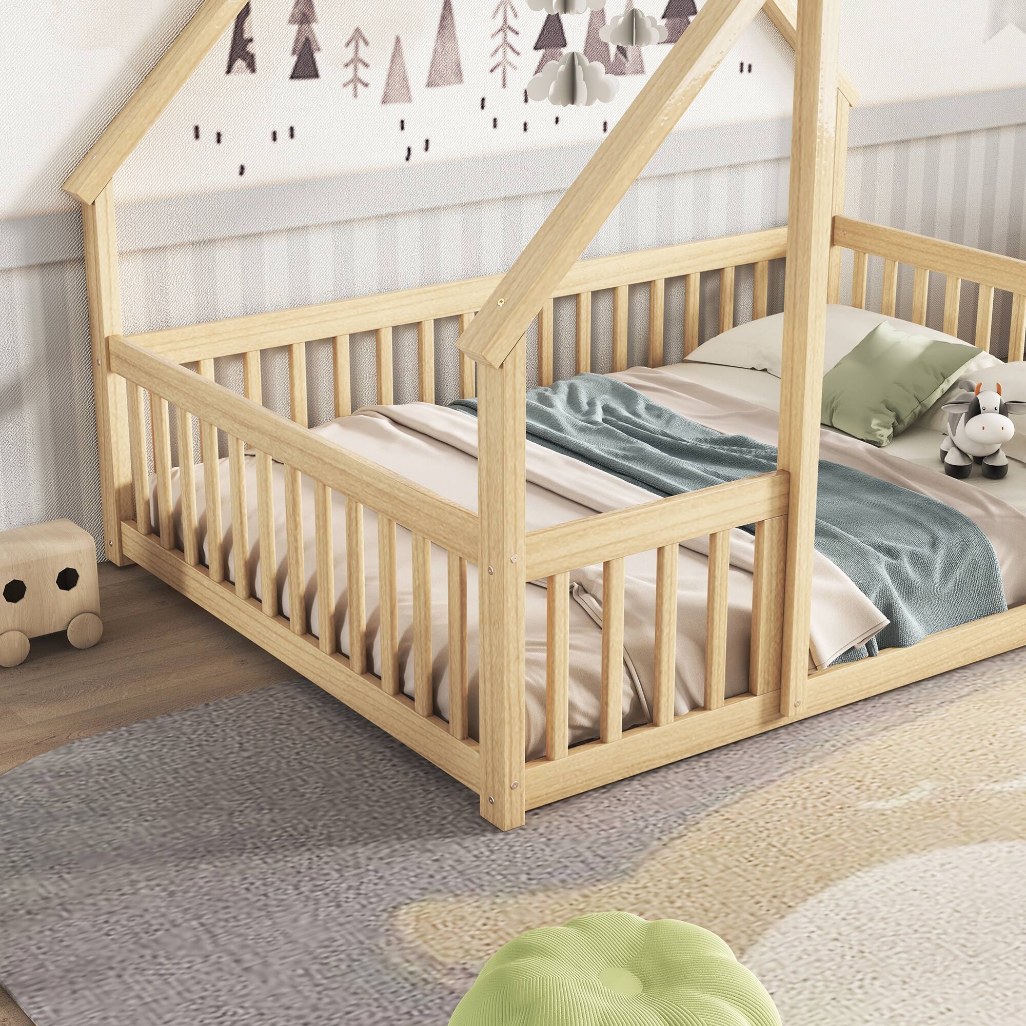 Alt View 6. GOODSILO - House-Shaped Floor Bed with Protective Fence and Guardrails for Children's Bedroom - Natural.