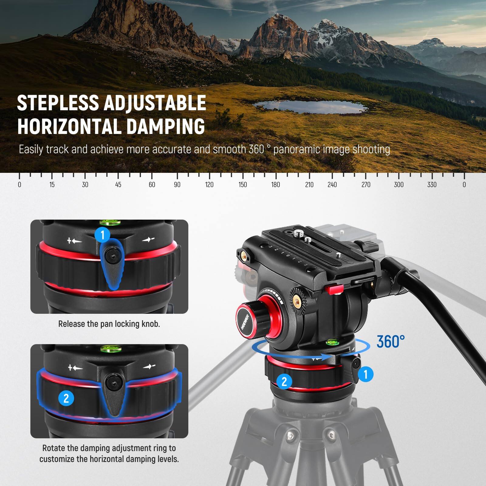 **STEPLESS ADJUSTABLE HORIZONTAL DAMPING**

Easily track and achieve more accurate and smooth 360° panoramic image shooting.

1. Release the pan locking knob.
2. Rotate the damping adjustment ring to customize the horizontal damping levels.